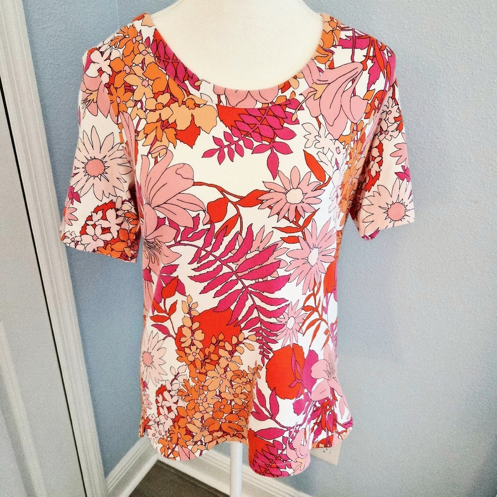 Talbots Petite Medium Pink Orange Floral Short Sleeve Top